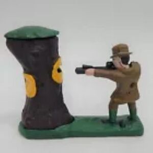 Bear Hunter Cast Iron Coin Bank Mechanical Figurine Tree Rifle Vintage